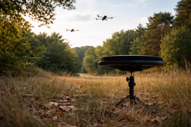 Illustration of a BeephoniX sensor in a woodland setting with drones in the sky.